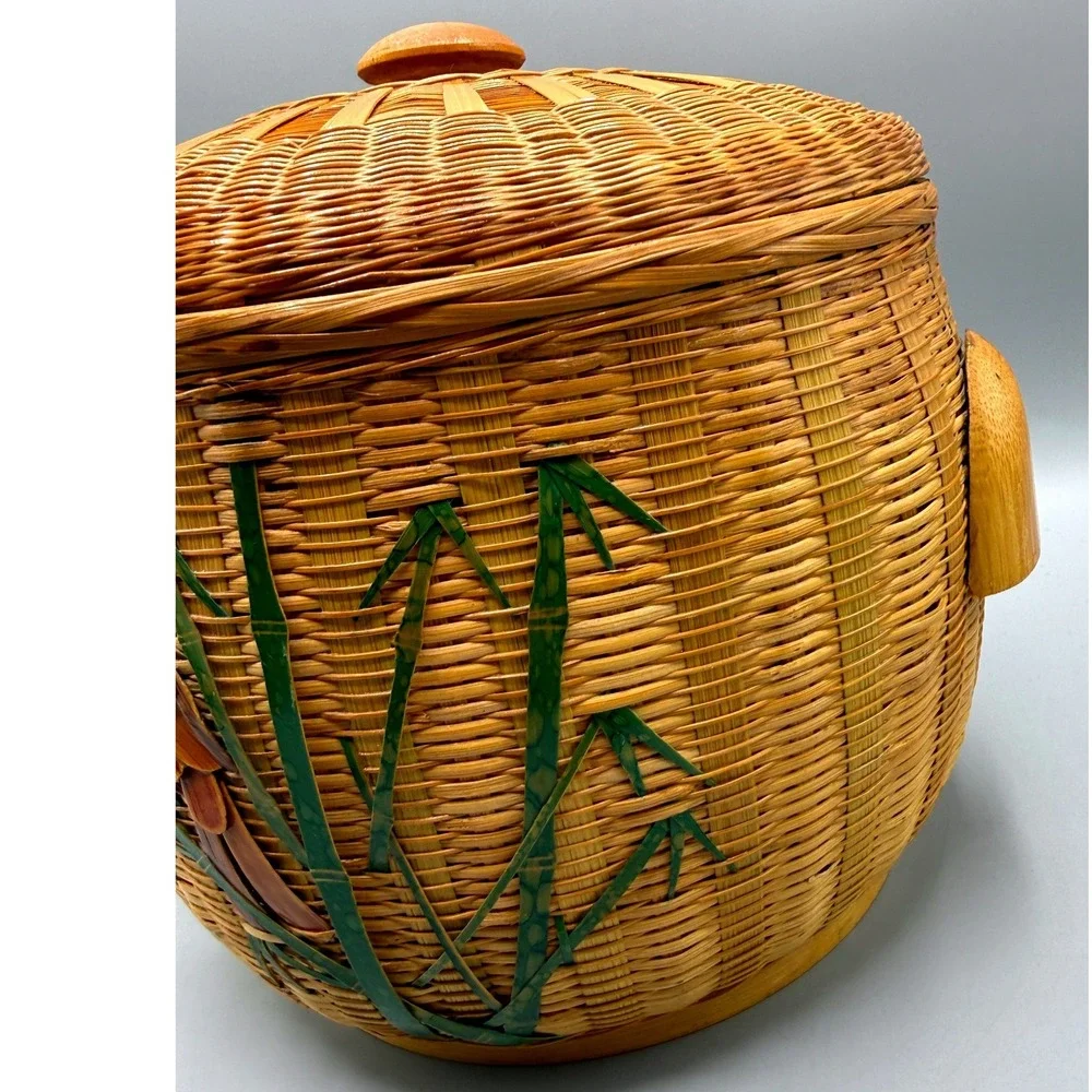 Vintage Wicker Ice Bucket Bird Bamboo Rattan Insulated MCM Tiki Barware 7.5in